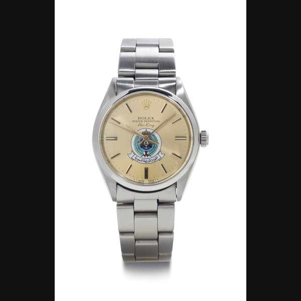 Rolex. A Stainless Steel Automatic Wristwatch With Date, Center Seconds, Coat Of Arms Of Saudia Arabia And Bracelet SIGNED ROLEX, OYSTER PERPETUAL, AIR KING, REF. 5500, CASE NO. 5'487'934, CIRCA 1978
