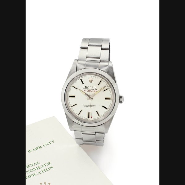 Rolex. A Fine Stainless Steel Automatic Antimagnetic Wristwatch with Center Seconds, Bracelet and Guarantee SIGNED ROLEX, OYSTER PERPETUAL, MILGAUSS, REF. 1019, CASE NO. 2'457'328, CIRCA 1977