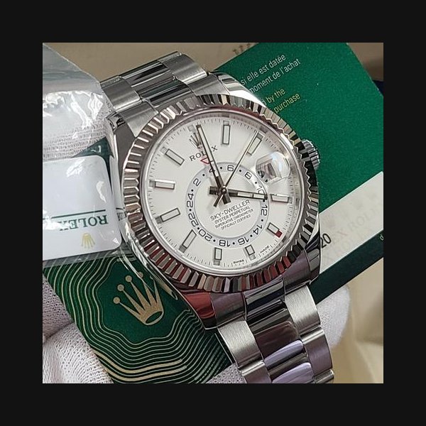 Rolex Rolex Sky-DwellerAnnual Calendar Day-Date-Month Oyster SS 18k White Gold Fluted Bezel GMT Dual Time Full Set New Green Card