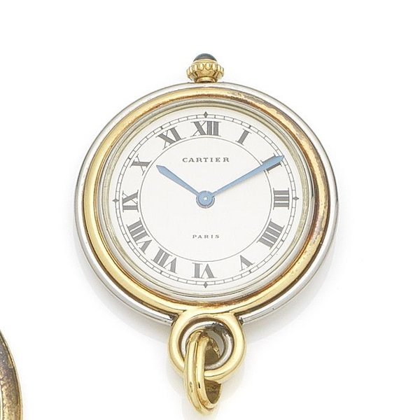 Cartier Cartier. A steel and gold keyless wind open face pocket watch with Cartier chain Case No.200263, Movement No.8169, Circa 1975