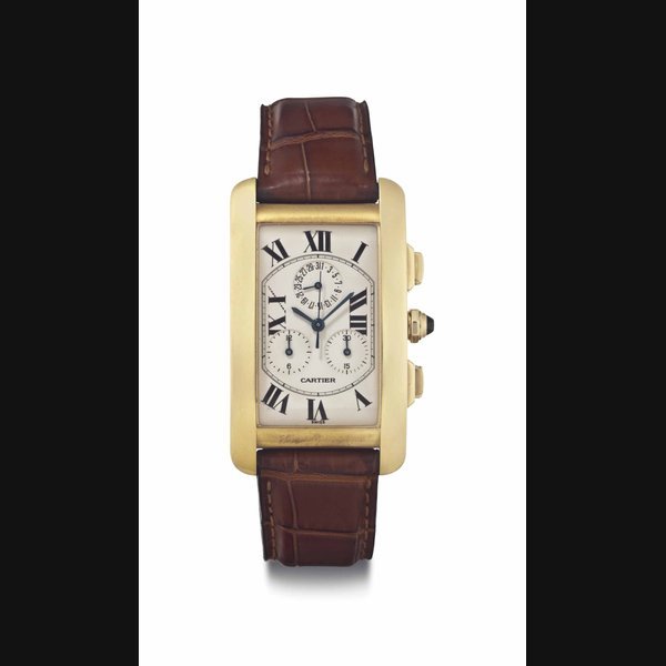 Cartier Cartier. An 18k Gold Rectangular Chronograph Wristwatch With Date SIGNED CARTIER, TANK AMERICAINE MODEL, REF. 1730, CASE NO. CC492602, CIRCA 2000