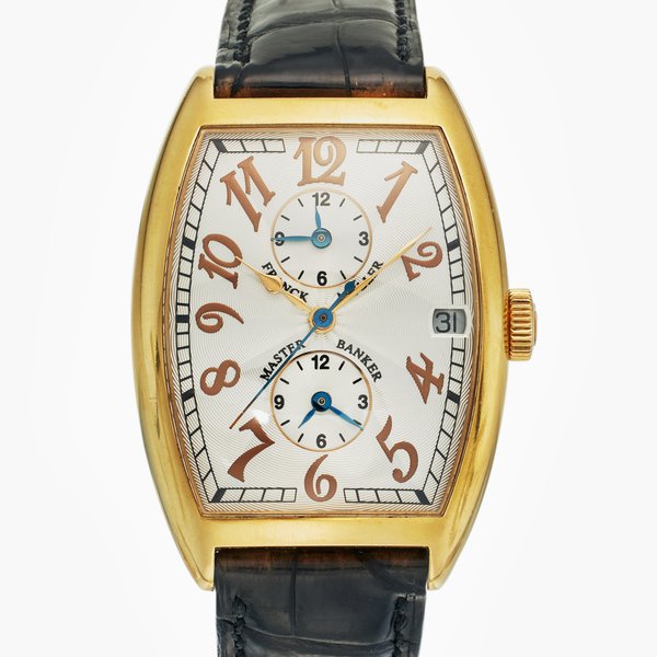 Franck Muller Reference 2852 MB Master Banker | Retailed by Garrard: A limited edition yellow gold automatic triple time zone wristwatch with date, Circa 1996