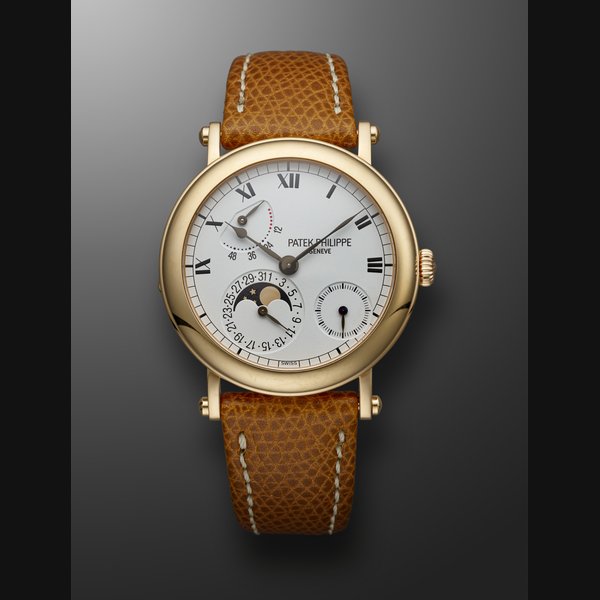 PATEK PHILIPPE, PINK GOLD WRISTWATCH WITH MOONPHASES AND OFFICIER-STYLE CASE, REF. 5054R-001