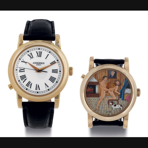 Andersen Genève SVEND ANDERSEN. A FINE 18K GOLD WRISTWATCH WITH CENTER SECONDS AND CONCEALED EROTIC AUTOMATON SIGNED ANDERSEN, GENEVE, NO. 82, CIRCA 2000