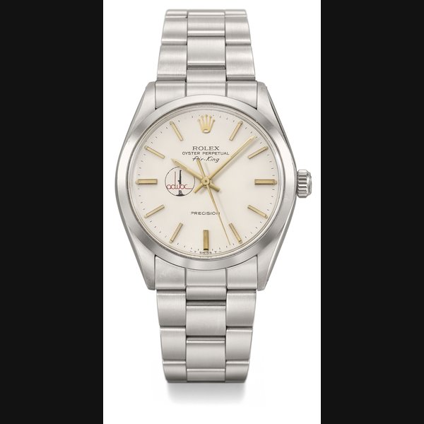 ROLEX. A RARE STAINLESS STEEL AUTOMATIC WRISTWATCH WITH SWEEP CENTRE SECONDS, SILVERED DIAL WITH ADWOC EMBLEM AND BRACELET SIGNED ROLEX, OYSTER PERPETUAL, PRECISION, AIR-KING, REF. 5500, CASE NO. 7’105’502, CIRCA 1981