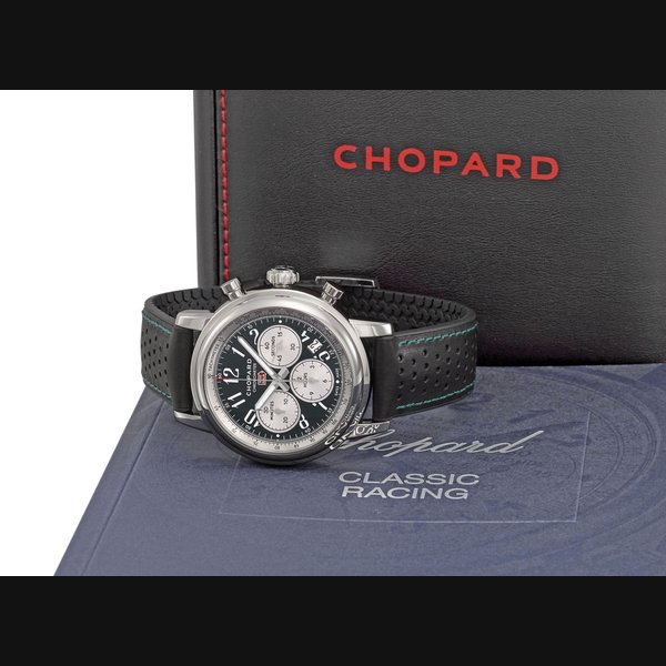 CHOPARD. A STAINLESS STEEL LIMITED EDITION AUTOMATIC CHRONOGRAPH WRISTWATCH WITH BRITISH RACING GREEN DIAL, DATE, CERTIFICATE OF ORIGIN AND BOX SIGNED CHOPARD, 1000 MIGLIA, MILLE MIGLIA RACING COLOUR MODEL, LIMITED EDITION 300, REF. 168589-3009, NO. 8589, CASE NO. 4’045’672, MOVEMENT NO. 0’069’538, CIRCA 2018