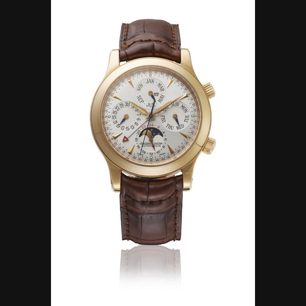 Jaeger-Lecoultre JAEGER-LECOULTRE. AN 18K PINK GOLD AUTOMATIC PERPETUAL CALENDAR WRISTWATCH WITH SWEEP CENTRE SECONDS, ALARM, MOON PHASES, 24 HOUR AND LEAP YEAR INDICATION, CERTIFICATE AND BOX SIGNED JAEGER-LECOULTRE, MASTER CONTROL, GRANDE MEMOVOX MODEL, REF. 146.240.95, CIRCA 2001