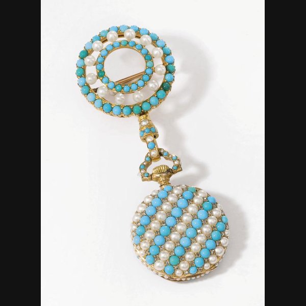 Swiss. A fine, rare and attractive 18K gold, pearl and turquoise-set keyless lever pendant watch with matching brooch UNSIGNED, NO. 40'362, CIRCA 1900