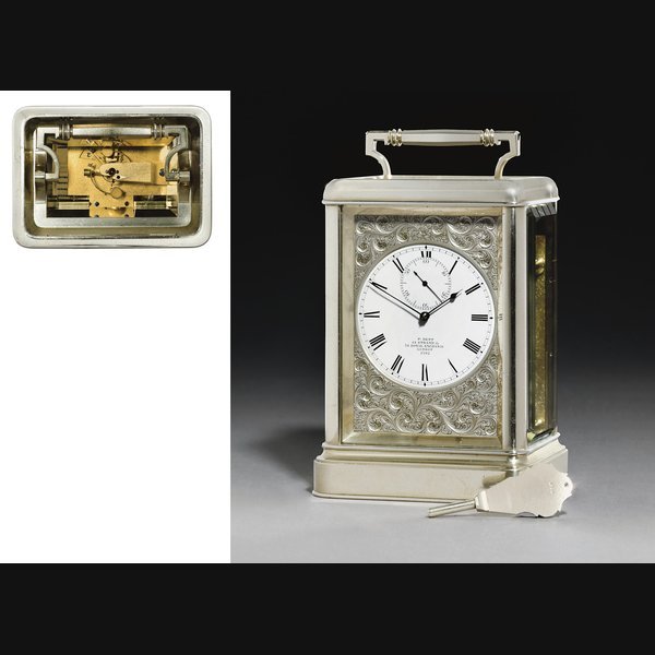 A fine and rare Victorian nickel-cased eight day timepiece chronometer carriage clock with prismatic balance FREDERICK DENT, 61 STRAND & 54 ROYAL EXCHANGE, LONDON, NO.1392. CIRCA 1853/1856