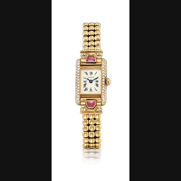 CARTIER, MINI TANK LADY'S YELLOW GOLD, DIAMOND AND PINK SAPPHIRE-SET QUARTZ WRISTWATCH WITH BRACELET NO. 80570030124, CIRCA 1990