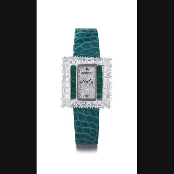 AUDEMARS PIGUET. A LADY'S FINE 18K WHITE GOLD, DIAMOND AND EMERALD SQUARE WRISTWATCH SIGNED AUDEMARS PIGUET, NO. 1, CASE NO. D71919, CIRCA 2000