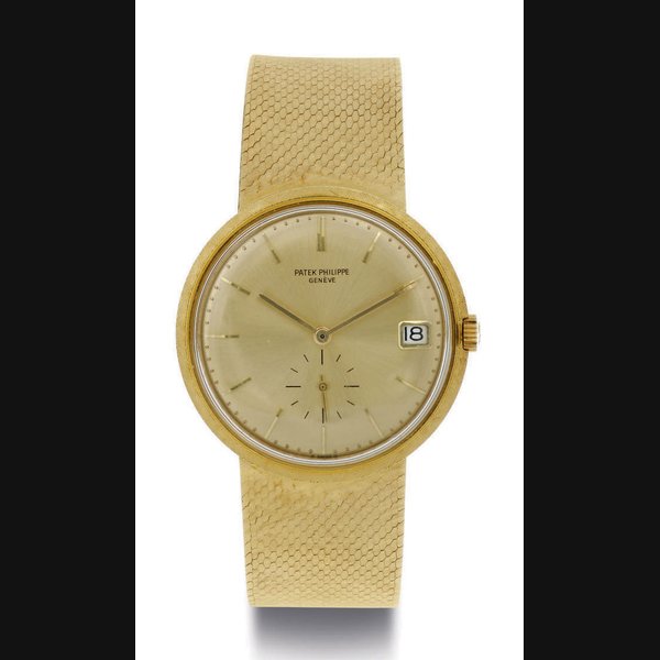 PATEK PHILIPPE. AN 18K GOLD AUTOMATIC WRISTWATCH WITH DATE AND BRACELET SIGNED PATEK PHILIPPE, GENEVE, MOVEMENT NO. 1232315, CASE NO. 332192, REF. 3445, MANUFACTURED IN 1972