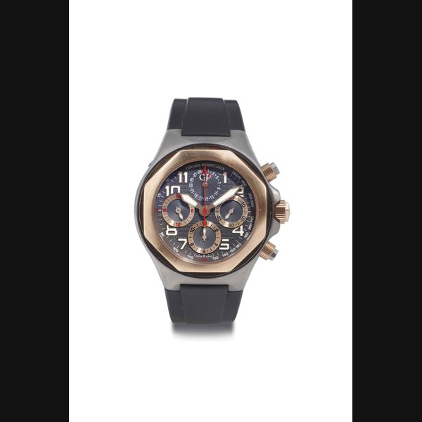 GIRARD-PERREGAUX. AN OVERSIZED TITANIUM AND PINK GOLD AUTOMATIC CHRONOGRAPH WRISTWATCH WITH DATE SIGNED GIRARD-PERREGAUX, LAUREATO EVO 3, TI/OR NO. 177, REF. 80180, CIRCA 2007