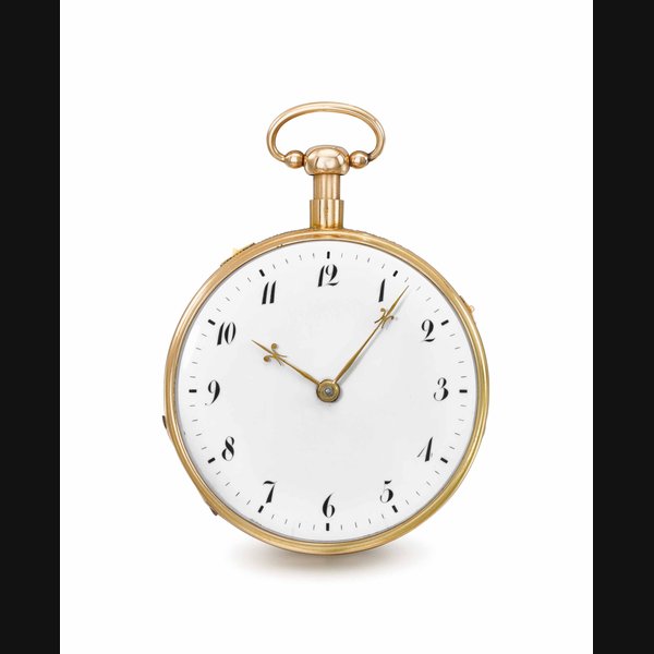 Swiss. An 18K gold openface quarter repeating cylinder watch, playing music on the hour or at will UNSIGNED, CASE STAMPED FLP AND NUMBERED 3148, CIRCA 1830