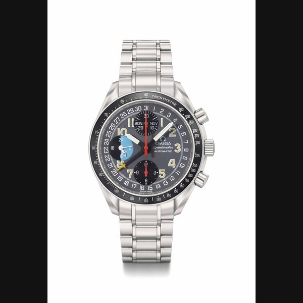 Omega Omega. A fine stainless automatic triple calendar chronograph wristwatch with 24 hours indication and bracelet Signed Omega, Speedmaster Automatic, ref. 375 0084, case no 55’263’766, circa 1997
