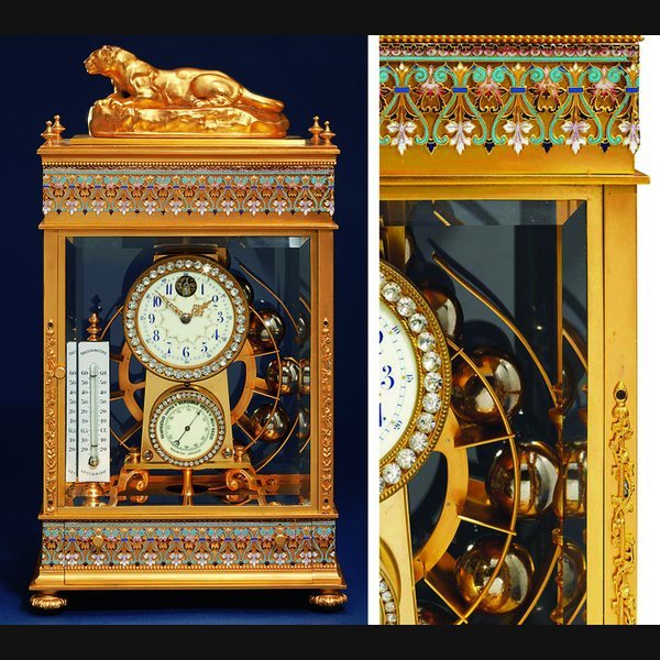 A Rare French Gilt-Brass A rare French gilt-brass, champlevé enamel and paste gem set constant force timepiece with barometer and thermometer CIRCA 1900
