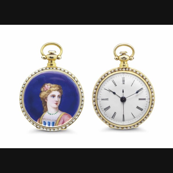 Anon. A Fine 18k Gold, Enamel and Pearl-set Openface Keywound Lever Centre Seconds Watch, Made for the Chinese Market Unsigned, Stamped with London date letter for 1854-55, Circa 1855