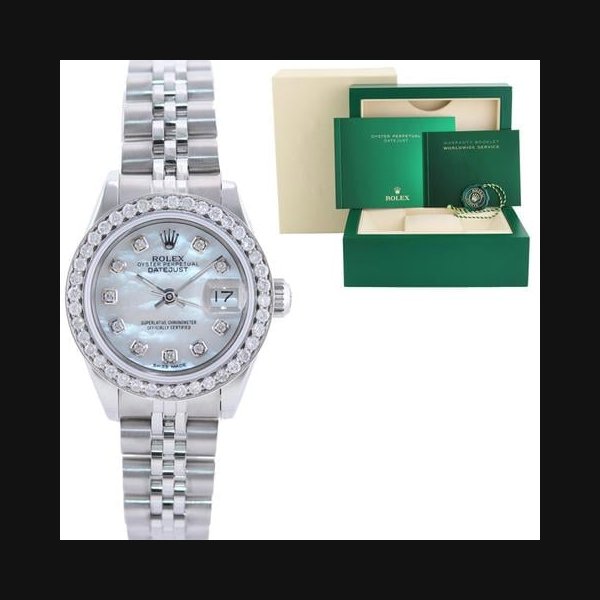 Rolex Oyster PerpetualMINT Ladies Rolex DateJust 26mm Diamond Bezel Mother of Pearl 69240 Steel Jubilee Watch