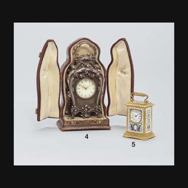 A Swiss engraved gilt-brass and enamel-mounted subminiature travel timepiece CIRCA 1890