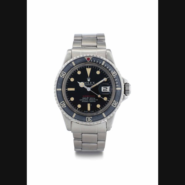 Rolex. A Stainless Steel Automatic Wristwatch with Date and Bracelet SIGNED ROLEX, OYSTER PERPETUAL DATE, RED SUBMARINER, 660FT=200M, SUPERLATIVE CHRONOMETER, OFFICIALLY CERTIFIED, REF. 1680, CASE NO. 2'929'501, CIRCA 1971