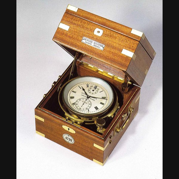 Ulysse Nardin Ulysse Nardin, Lode, Suisse, No. 4728, February 1943. Sold to the Kaiserl Japanischen Marine in Berlin on 21st Decembre 1943. Fine two day Marine chronometer in fitted mahogany travelling box, awarded a Bulletin of First Class for the timing contest organised at the Astronomical Observatory of Neuchatel in 1943. | Important Watches, Wristwatches and Clocks & Ulysse Nardin Jubilee | Geneva, Hotel Des Bergues, 12th October 1996