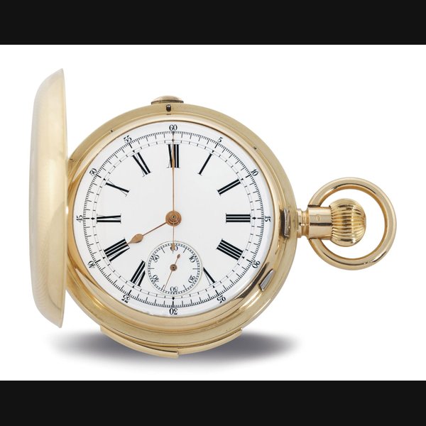 SWISS. AN 18K GOLD MINUTE REPEATING HUNTER CASE EIGHT DAY CHRONOGRAPH POCKET WATCH UNSIGNED, CASE AND CUVETTE NO. 84669, CIRCA 1880