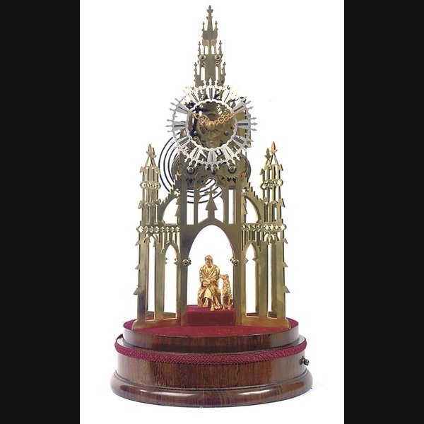 A Victorian brass and rosewood Scott Memorial striking skeleton clock, circa 1860