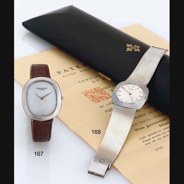 PATEK PHILIPPE. AN 18K WHITE GOLD CUSHION AUTOMATIC WRISTWATCH SIGNED PATEK PHILIPPE, GENEVE, "GRANDE ELLIPSE", MOVEMENT NO. 1285745, CASE NO. 529246, REF. 3589, MANUFACTURED IN 1974