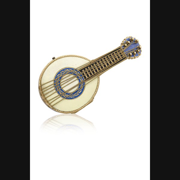 SWISS. A SMALL AND ATTRACTIVE 18K GOLD AND ENAMEL MANDOLIN FORM WATCH WITH CONCEALED DIAL Unsigned, circa 1850
