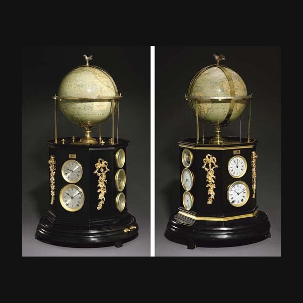 A near pair of French ebonised and ormolu-mounted striking terrestrial globe clocks, showing: equation of time, annual calendar, phases of the moon, epact indication, zodiac indication, solar meridian time and world time SIGNED E. SAVARY, PARIS, PÈRE ILDEFONSE INVENTEUR, THE GLOBES BY CHARLES PERIGOT. CIRCA 1891