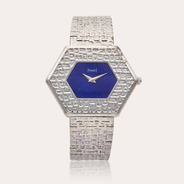 Piaget Reference 99151 A20 | A white gold hexagonal bracelet watch with lapis lazuli dial, Circa 1970