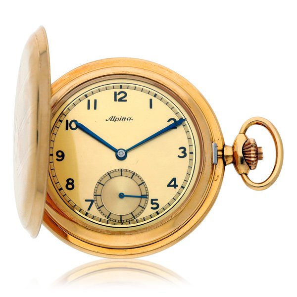 Alpina A slim gold-plated hunting cased keyless lever watch Circa 1935