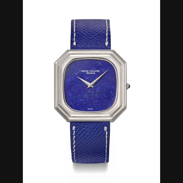 PATEK PHILIPPE. AN EXCEEDINGLY RARE AND HIGHLY ATTRACTIVE 18K WHITE GOLD OCTAGONAL WRISTWATCH WITH LAPIS LAZULI DIAL ‘GOLDEN ELLIPSE JUMBO’ MODEL, REF. 3631, MOVEMENT NO. 1’361’996, CASE NO. 2’757’599, CIRCA 1975