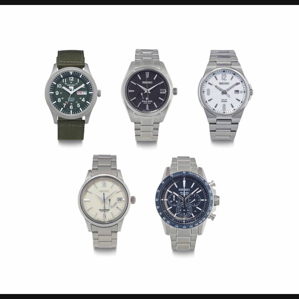Seiko. A Lot Five Stainless Steel Wristwatches ALL SIGNED SEIKO, MADE IN JAPAN, THE FIRST SPORT MODEL, NO. 250'356, THE SECOND GRAND SEIKO SPRING DRIVE MODEL, NO. 200'016, THE THIRD SOLAR MODEL, NO. 241'909, THE FOURTH GRAND SEIKO MODEL, TERAUCHI LIMITED EDITION, NO. 05/30, THE FIFTH ANANTA LIMITED EDITION MODEL, NO. 033/300, ALL CIRCA 2008