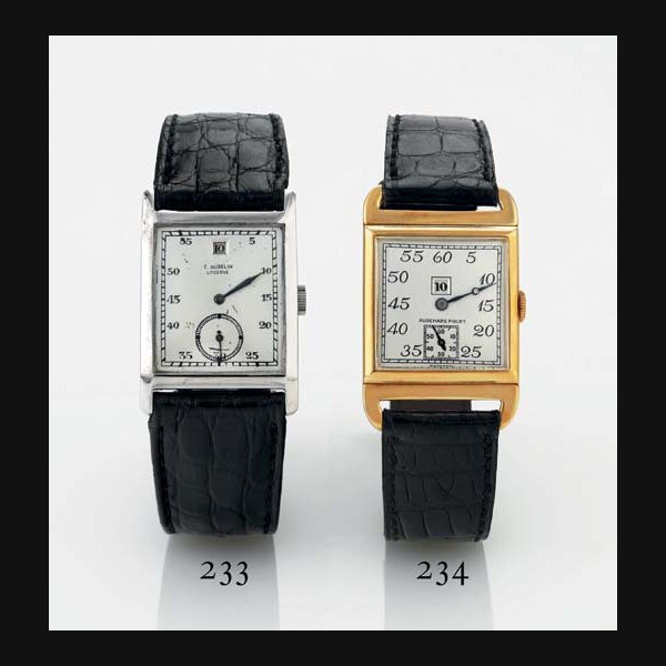 AUDEMARS PIGUET. A RARE 18K WHITE GOLD RECTANGULAR JUMP HOUR WRISTWATCH NO. 33632, RETAILED BY E. GÜBELIN, CIRCA 1925
