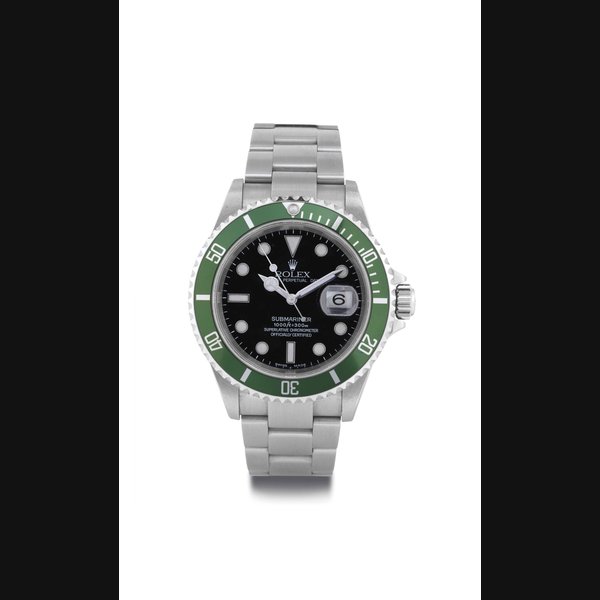 Rolex ROLEX. A STAINLESS STEEL WRISTWATCH WITH DATE, CENTER SECONDS, BRACELET AND GREEN BEZEL SIGNED ROLEX, OYSTER PERPETUAL DATE, SUBMARINER, 1000FT=300M, CASE NO. F496140, REF. 16610, CIRCA 2003, Price & Market Data