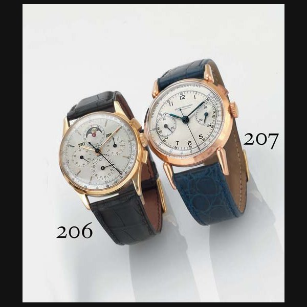UNIVERSAL. A FINE 18K GOLD TRIPLE CALENDAR CHRONOGRAPH WRISTWATCH WITH MOON PHASES SIGNED UNIVERSAL, GENEVE, "TRI-COMPAX", MOVEMENT NO. 263265, CASE NO. 1244588, REF. 12266, CIRCA 1950