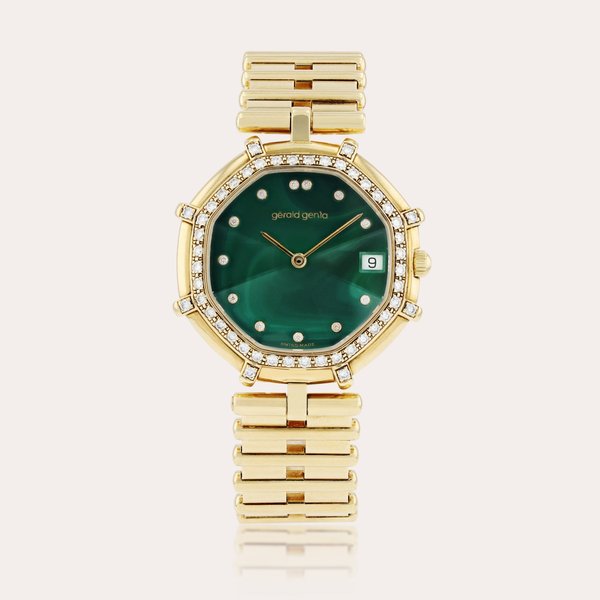 Gérald Genta Reference G2850.7    Montre bracelet en or jaune et sertie de diamants avec date et cadran malachite |  Yellow gold and diamond-set wristwatch with date, malachite dial and bracelet    Vers 1991 |  Circa 1991