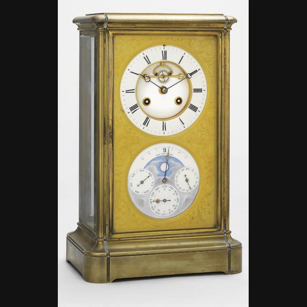 A French large gilt-brass striking eight day four-glass mantel clock with perpetual calendar and moonphase ACHILLE BROCOT, PARIS. CIRCA 1880