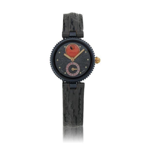 Gérald Genta Gefica, Ref. G.2939.7  PVD-coated stainless steel wristwatch with date, moon phases and coral and mother-of-pearl subsidiary dials  Circa 1990 · G.2939.7