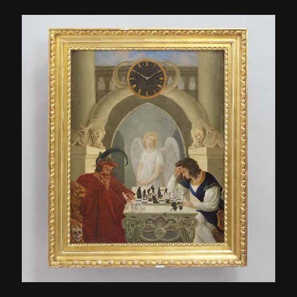 An Austro-Hungarian and painted sheet-iron grande sonnerie and musical picture clock KARL SUCHY, PRAGUE, MUSIC BY WILLENBACHER & RZEBITSCHIK, PRAGUE, THE PAINTING BY J. KRAUPA. THIRD QUARTER 19TH CENTURY