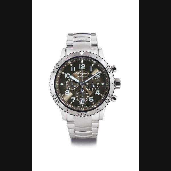 BREGUET. A LARGE STAINLESS STEEL AUTOMATIC FLYBACK CHRONOGRAPH WRISTWATCH WITH DATE, CENTRAL MINUTE RECORDER AND BRACELET SIGNED BREGUET, TYPE XXI, RETOUR EN VOL, AUTOMATIQUE, NO. 79085, REF. 3810, CIRCA 2008