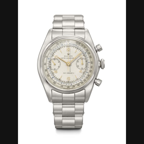ROLEX. AN ATTRACTIVE STAINLESS STEEL CHRONOGRAPH WRISTWATCH WITH BRACELET REF. 4500, CASE NO. 497'463, CIRCA 1946
