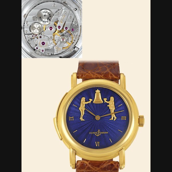 Ulysse Nardin Yellow Gold "Répétition Minutes Jaquemart Forgerons" Ulysse Nardin, Le Locle, Suisse, No. 2, ref 701-22. Made in 1991. Very fine and rare, water-resistant, minute repeating, 18K yellow gold gentleman's wristwatch with gold Jaquemarts and an 18K yellow gold Ulysse Nardin buckle. Accompanied by a fitted box and a certificate. To be sold without reserve | Important Collectors Wristwatches, Pocket Watches & Clocks | New York - The Fuller Building, 28th March 2007 · 701-22