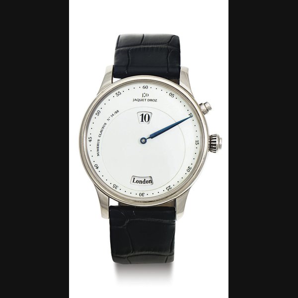 JAQUET DROZ. AN OVERSIZED LIMITED EDITION 18K WHITE GOLD AUTOMATIC JUMP HOUR WORLD TIME WRISTWATCH WITH REGULATOR DIAL SIGNED JAQUET DROZ, LES DOUZE VILLES, NUMERUS CLAUSUS, N0. 14/88, MOVEMENT NO. 000184, CIRCA 2006