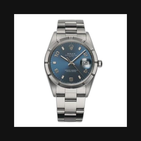 Rolex Oyster Perpetual34mm Vintage Date Engine Turned Bezel Blue Dial Ref. 15210