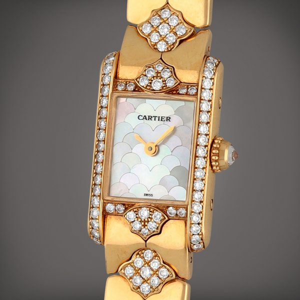 Cartier Tank Mini, Reference 1361 | A yellow gold and diamond-set calendar wristwatch with a mother-of-pearl dial | Circa 2000