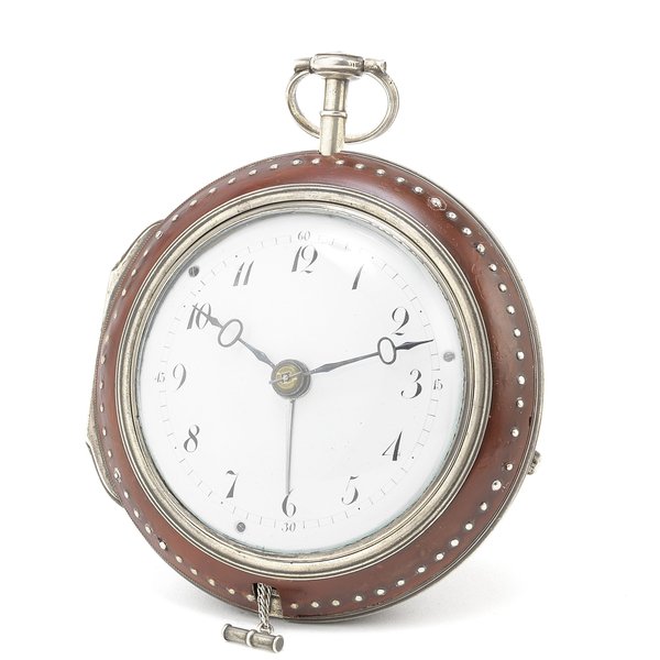 A silver red lacquer Japanned verge clock watch with alarm and trip repeat Unsigned, continental