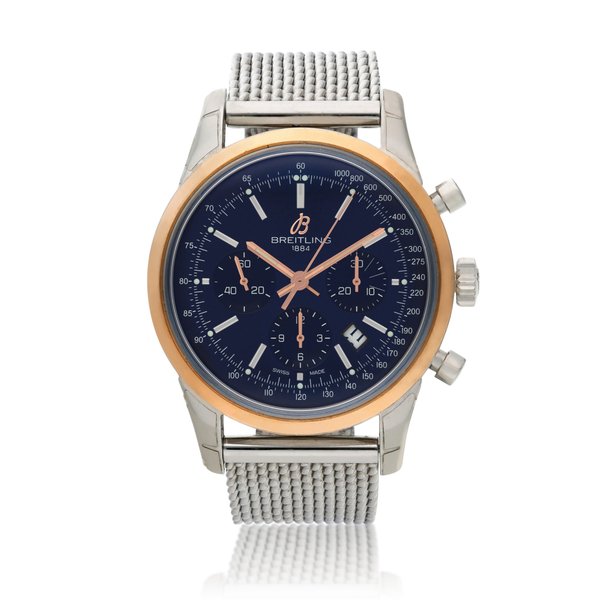 Breitling Reference UB0152 Transocean, A stainless steel and pink gold automatic chronograph wristwatch with date and bracelet, Circa 2014