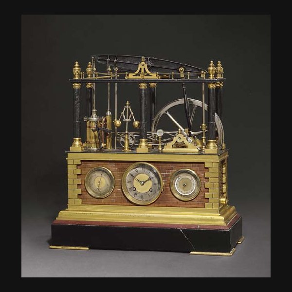 Six Column Beam Engine A rare French brass, coppered and patinated brass, red marble and marmo nero Belgio eight day striking clock with barometer, thermometer and automaton wheel and beam DENLAU & BORIUS, PARIS. CIRCA 1890